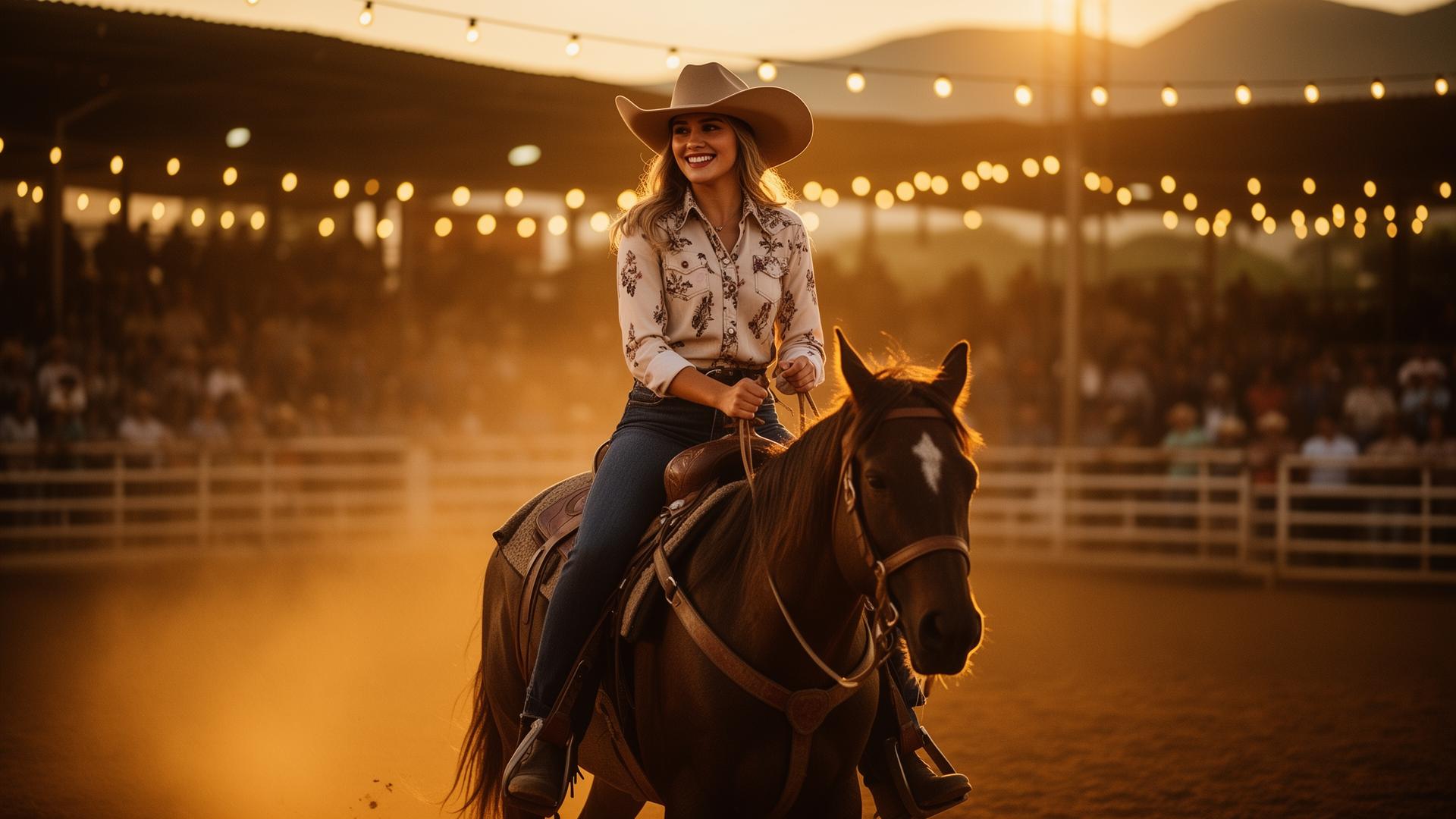 Cowgirl em arena de rodeio iluminada ao pôr do sol