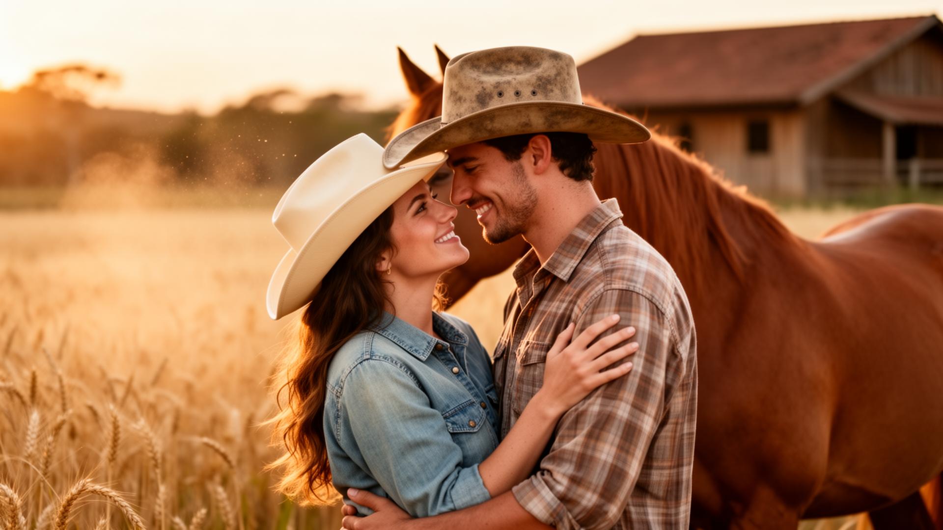 Casal country apaixonado em fazenda ao pôr do sol
